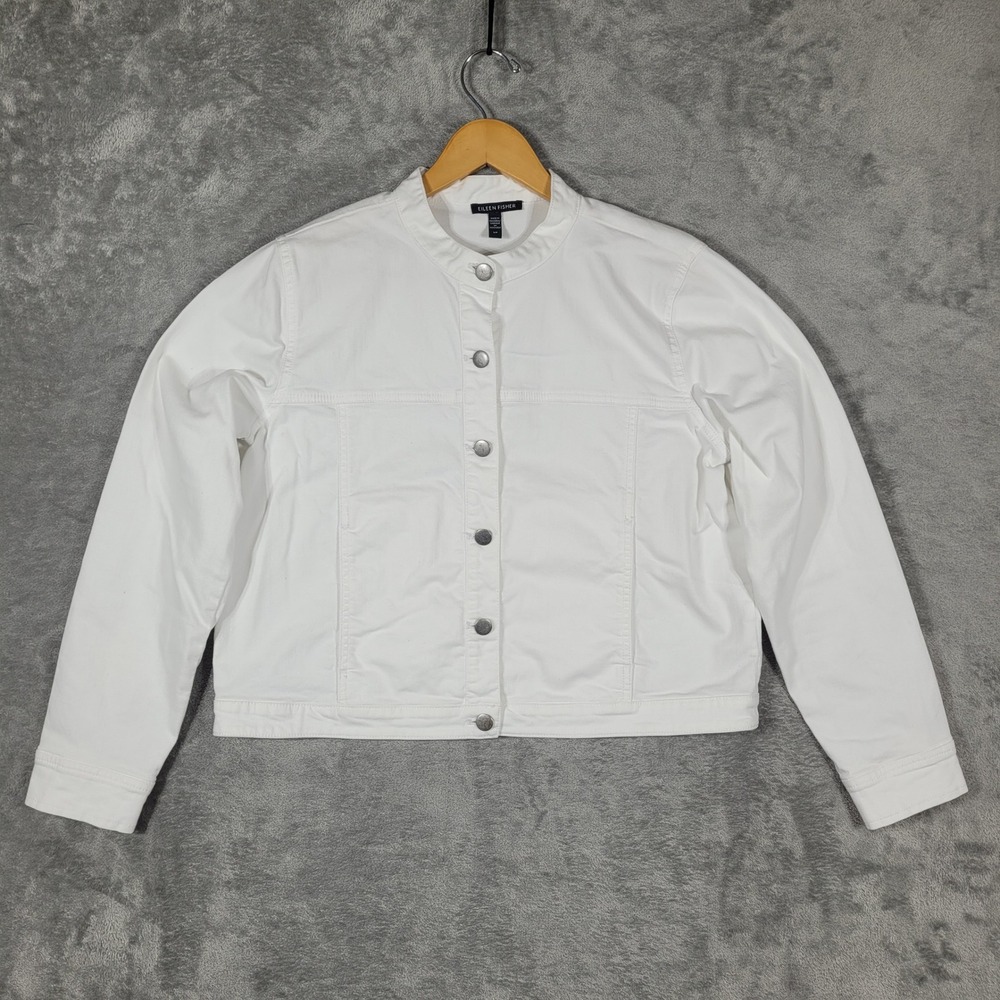 Eileen Fisher Jacket Women S/P White Organic Cotton Mock Neck Button Front Denim